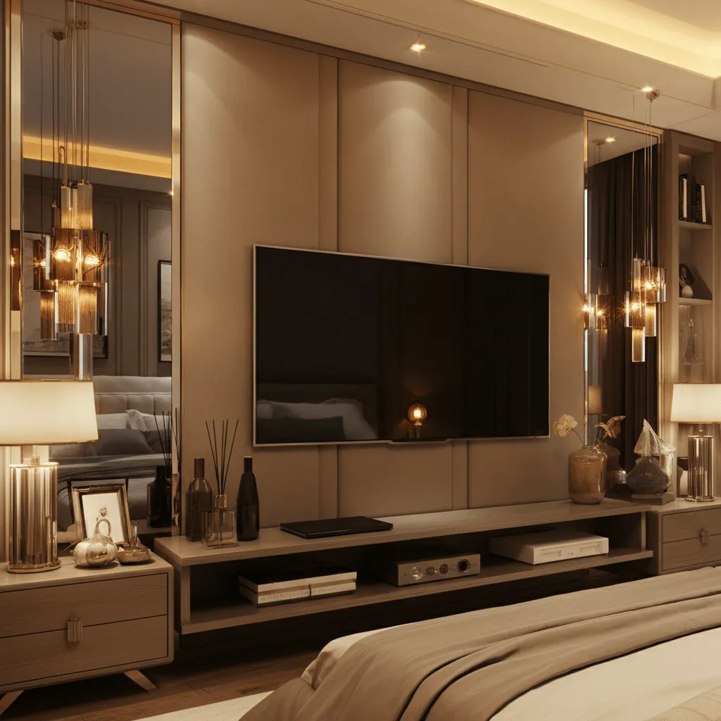 Modern TV Wall Decor Ideas for a Sleek Bedroom Look 14 Mirrored TV Wall Design