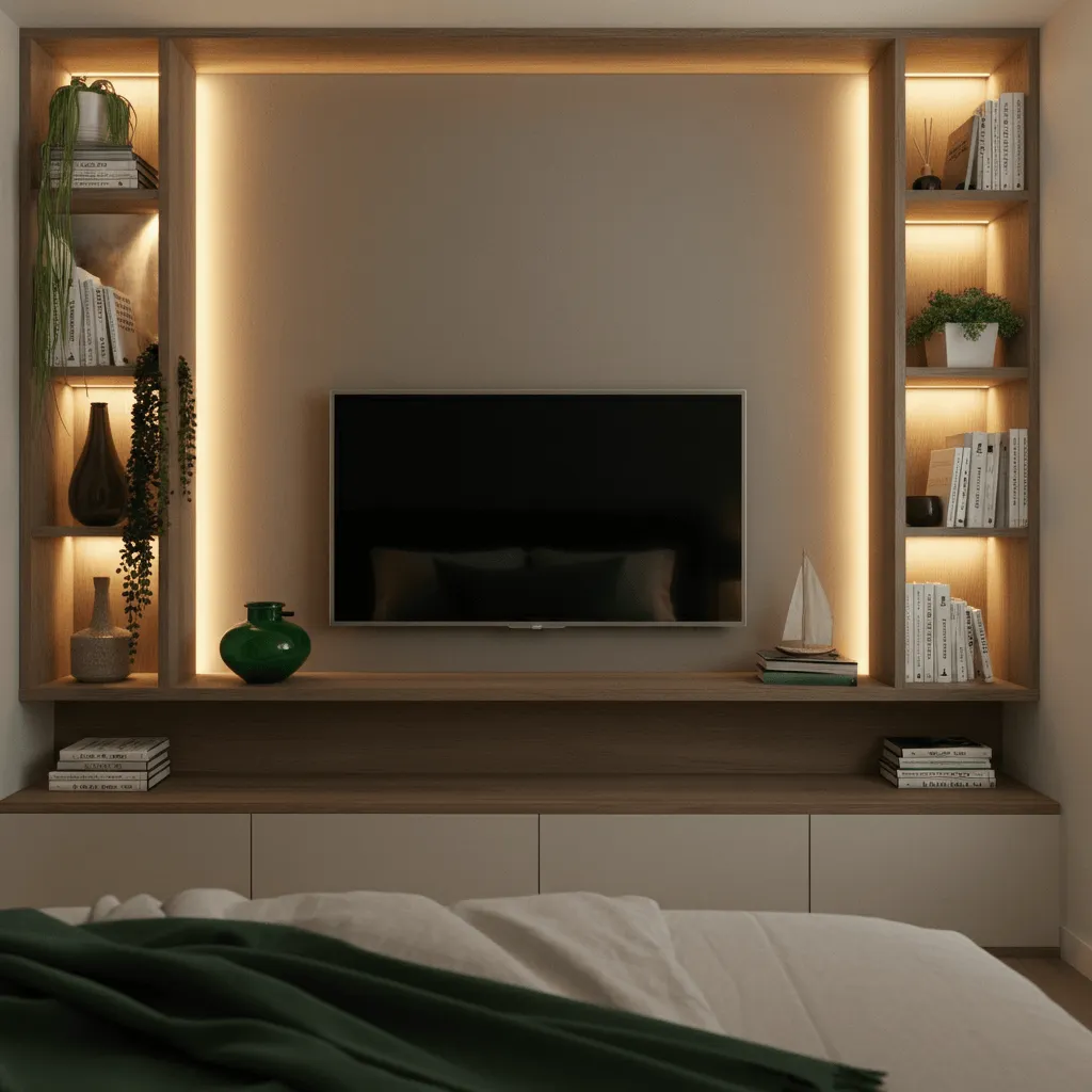 Modern TV Wall Decor Ideas for a Sleek Bedroom Look 13 Symmetrical Shelf Arrangements