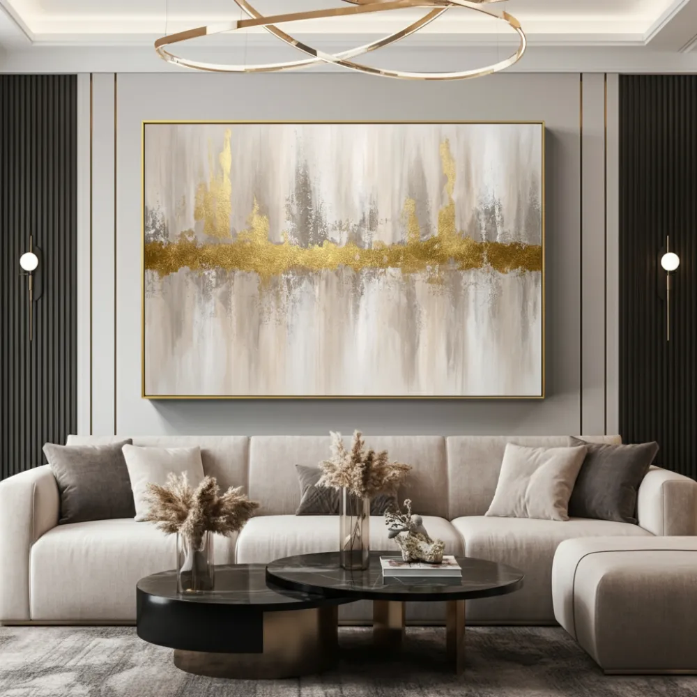 33 Living Room Wall Decor Ideas That Will Blow Your Guests Away! 2 Abstract Canvas Metallic Accents