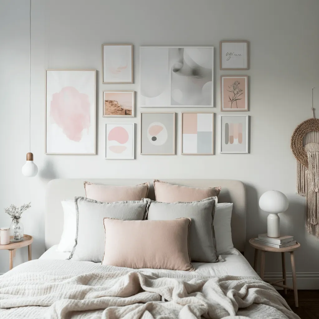 15 Stunning Bedroom Gallery Wall Ideas to Elevate Your Space 7 Color-Coordinated Artwork