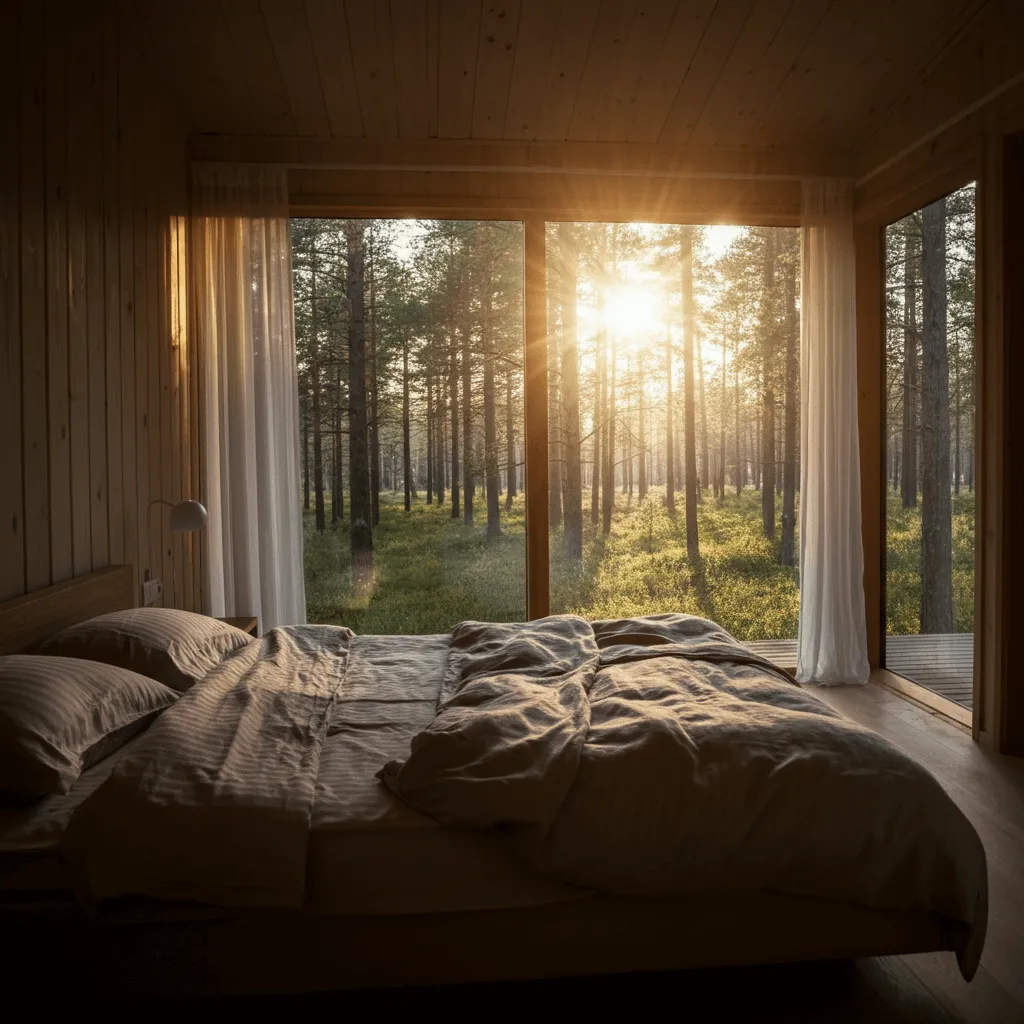 Expansive Windows Cabin Bedroom
