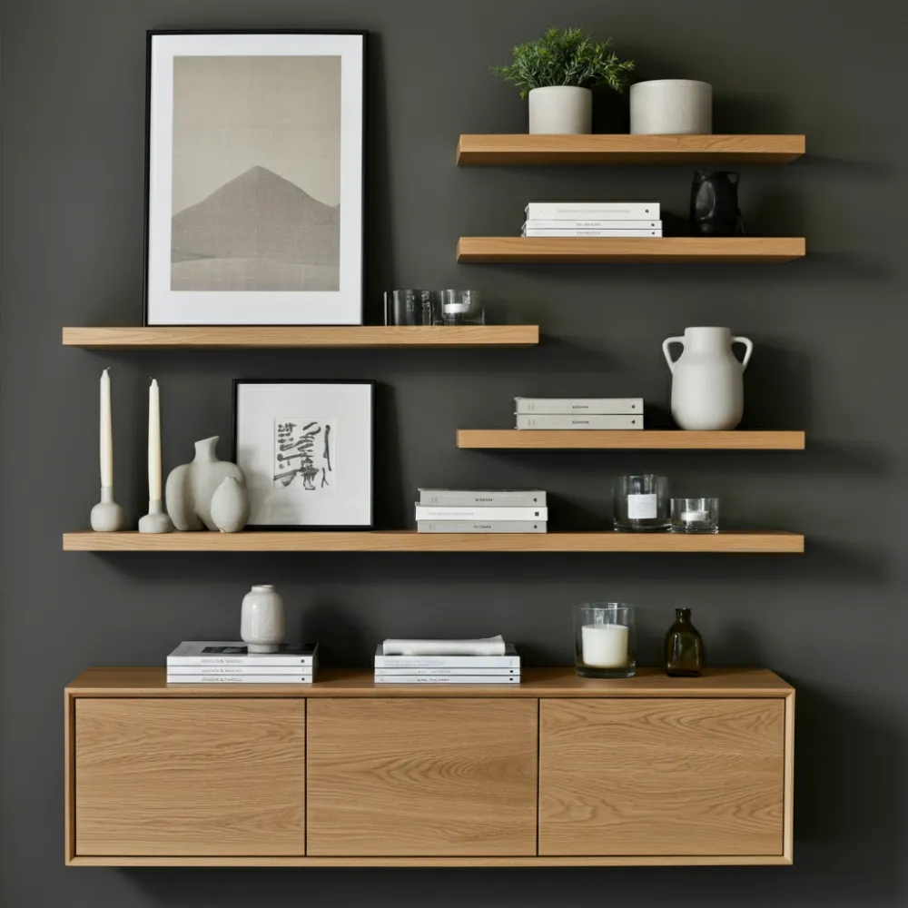 33 Living Room Wall Decor Ideas That Will Blow Your Guests Away! 7 Floating Shelves with Curated Decor