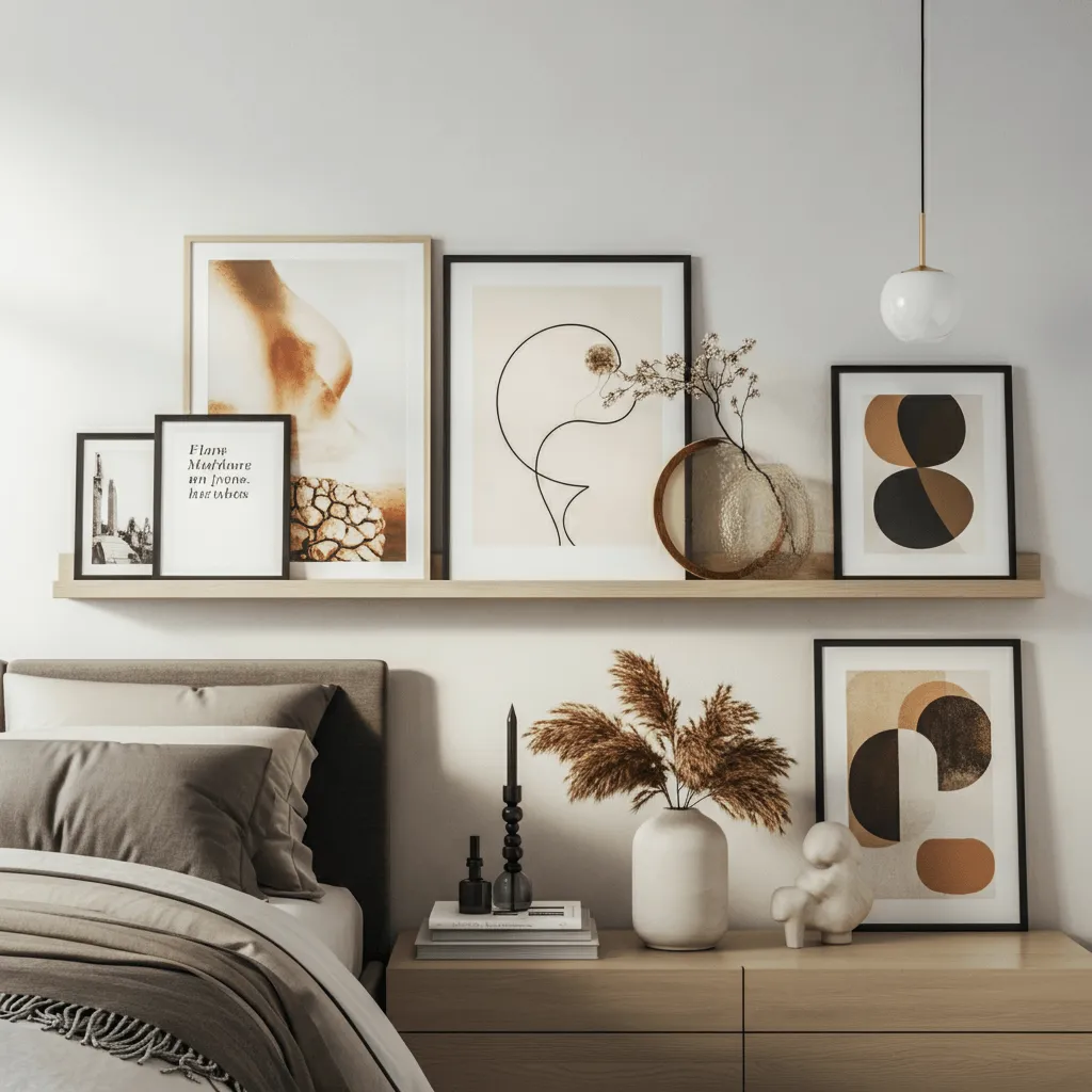 15 Stunning Bedroom Gallery Wall Ideas to Elevate Your Space 5 Gallery Shelf Arrangement