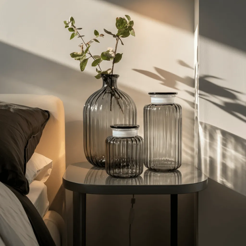 15 Creative Bedroom Bedside Tables Styling Ideas for a Perfect Look 14 Glass Elements Bedside Table