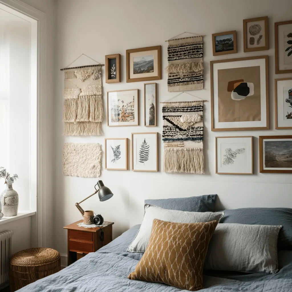 15 Stunning Bedroom Gallery Wall Ideas to Elevate Your Space 11 Hanging Tapestries and Art