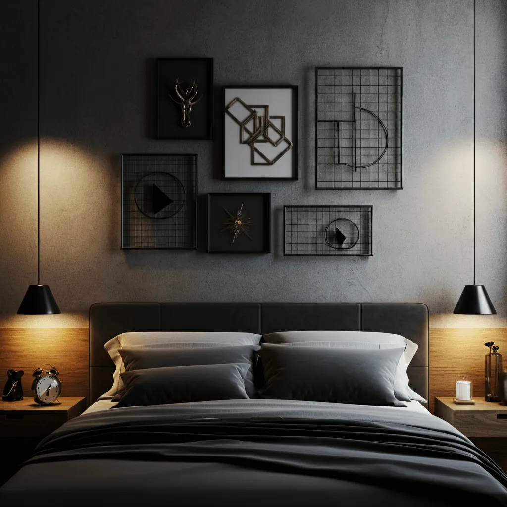15 Stunning Bedroom Gallery Wall Ideas to Elevate Your Space 14 Industrial Chic Arrangement