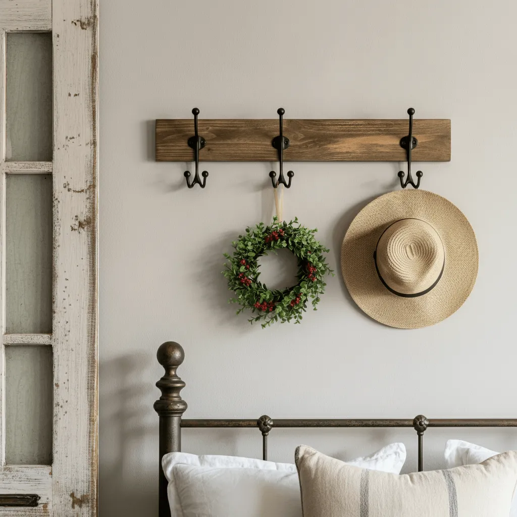 Charming Farmhouse Bedroom Wall Decor Ideas to Try Now 17 Iron and Wood Wall Hooks