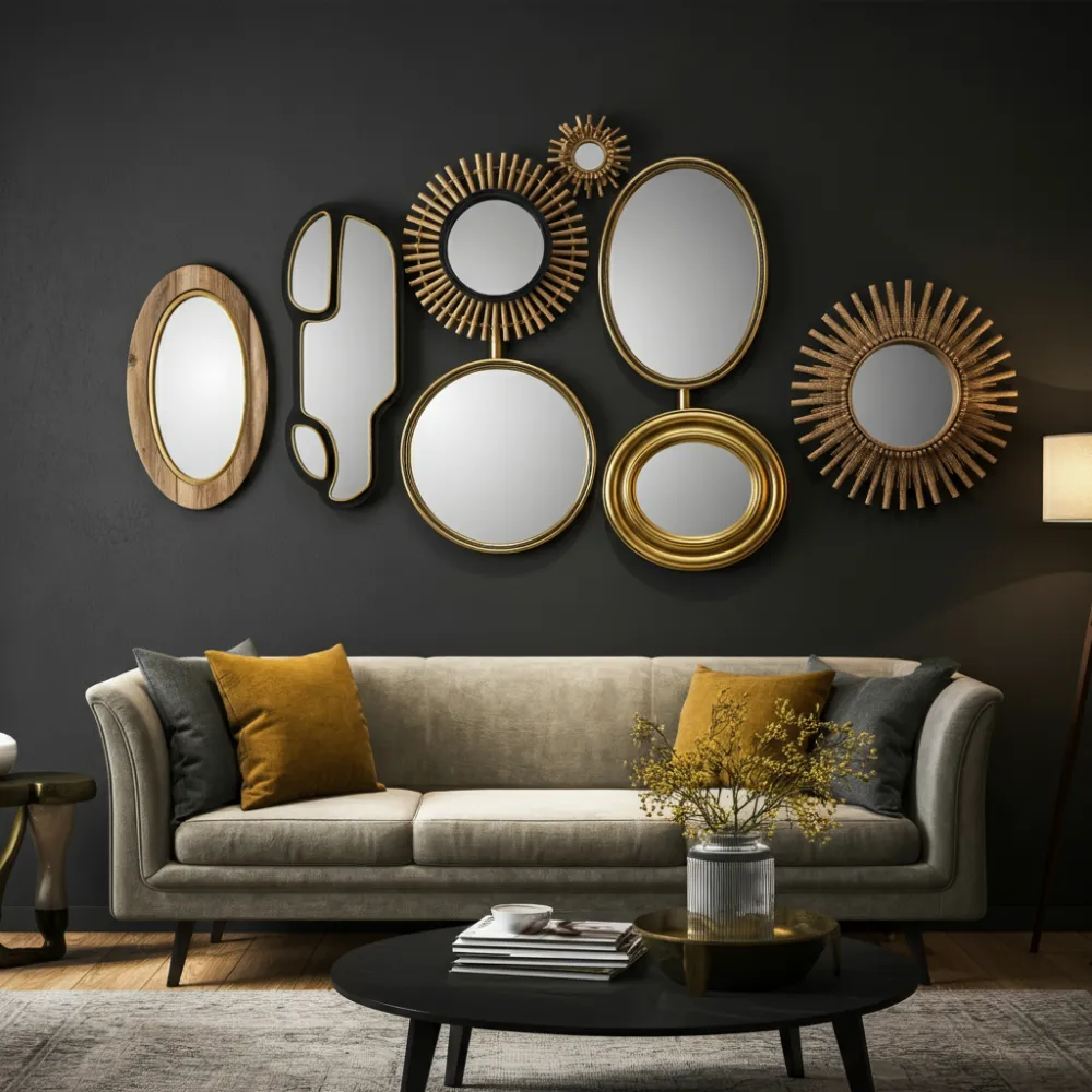 33 Living Room Wall Decor Ideas That Will Blow Your Guests Away! 16 Layered Wall Mirrors Unique Shapes