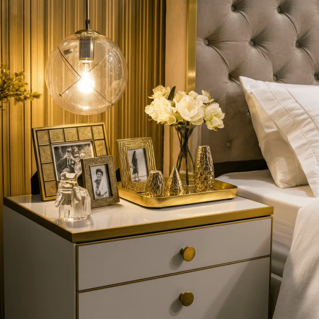 15 Creative Bedroom Bedside Tables Styling Ideas for a Perfect Look 11 Metallic Accents Bedside Table