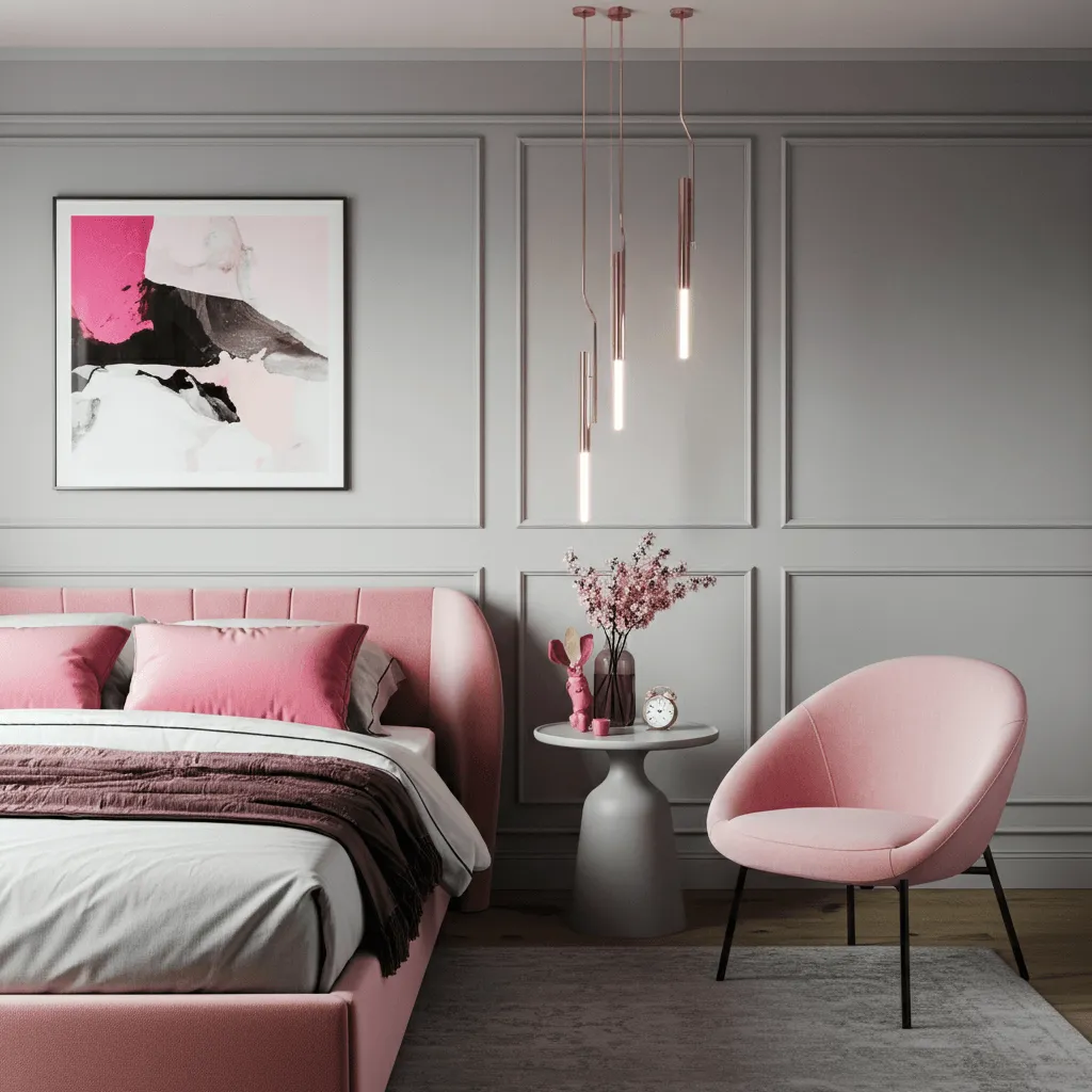 Pop of Pink Grey Walls