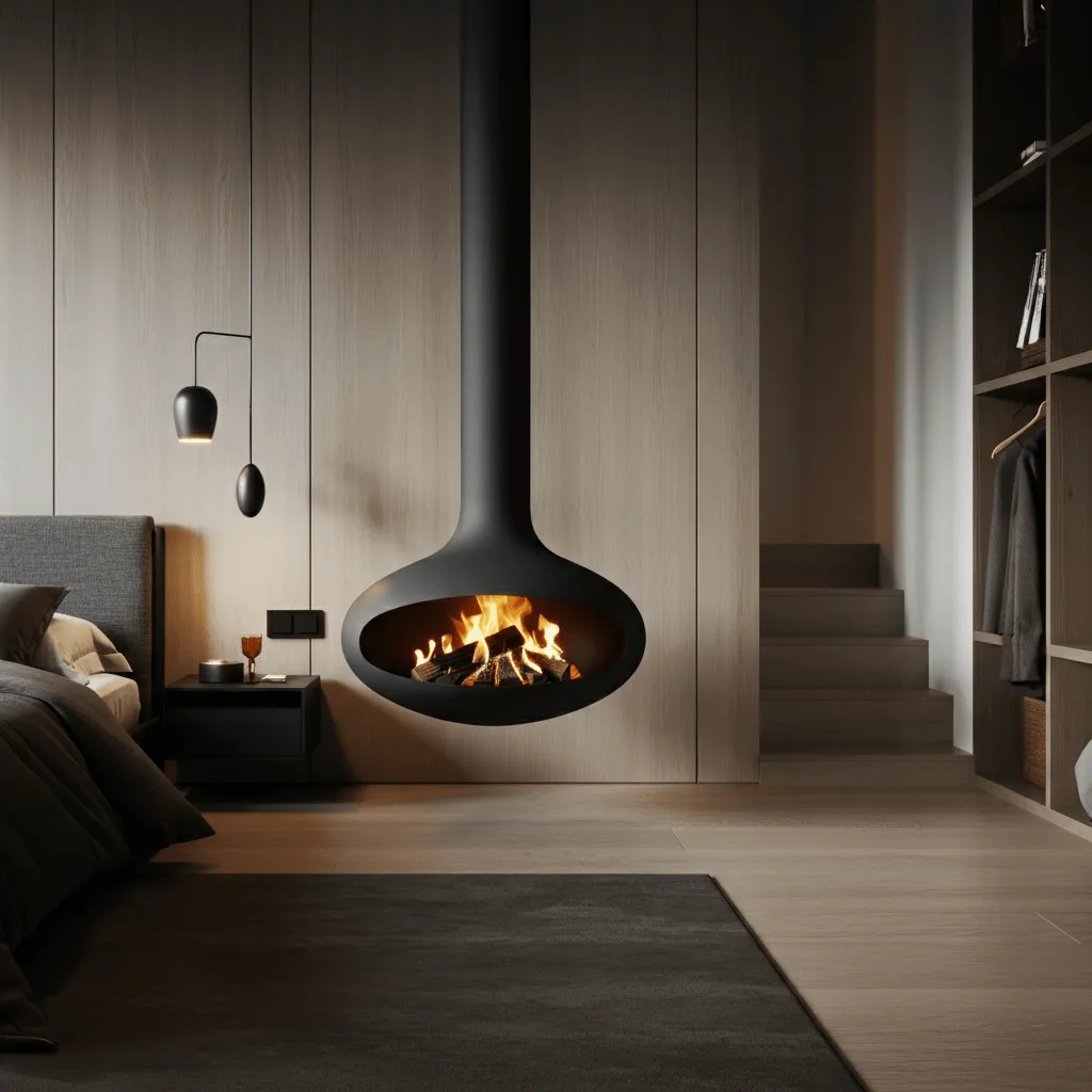 10 Bedroom Fireplace Ideas That Add Instant Luxury to Any Room 3 Suspended Fireplace Elegance