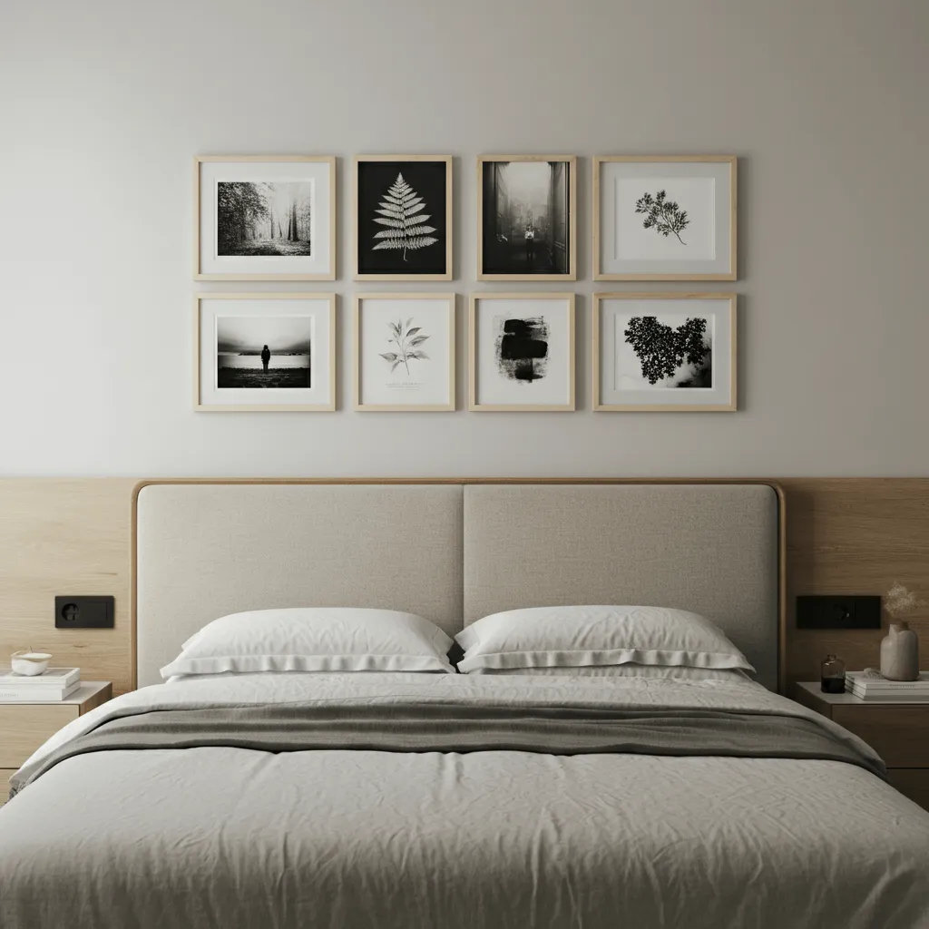 15 Stunning Bedroom Gallery Wall Ideas to Elevate Your Space 2 Symmetrical Artwork Grid