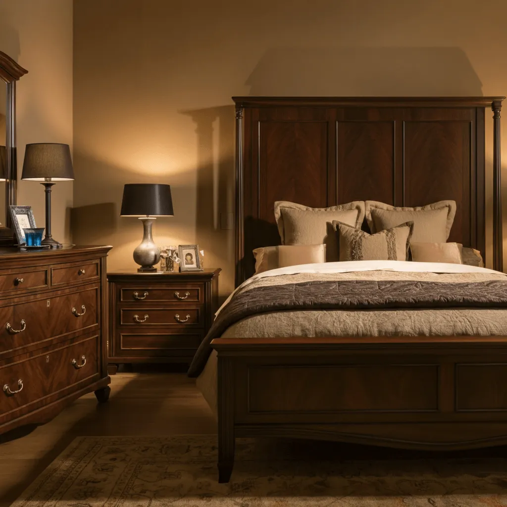 Tan and Dark Wood Bedroom