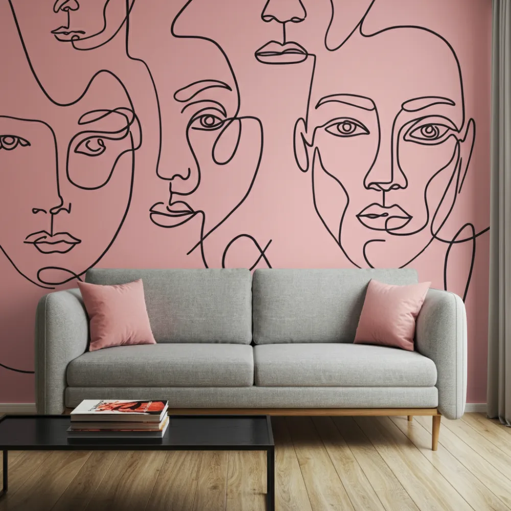Pink Wall with Abstract Line Art