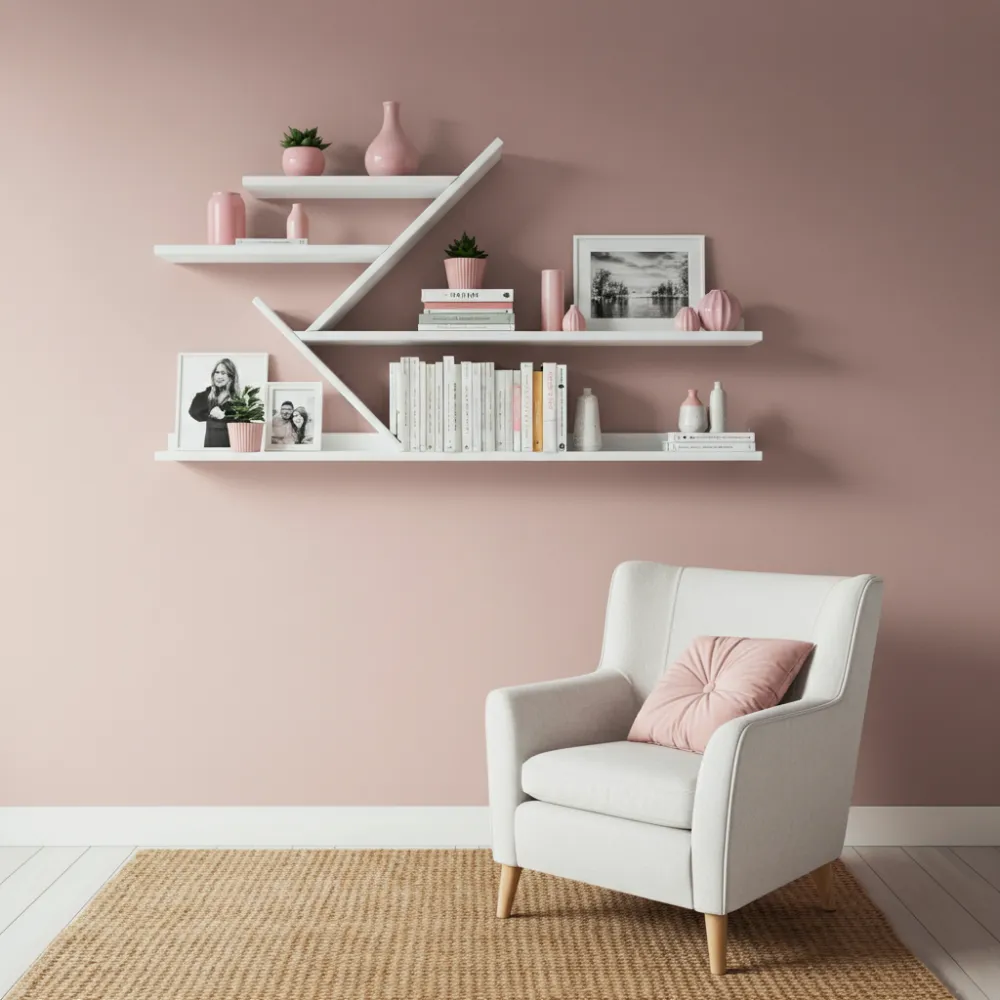 Pink Wall with Floating Shelves