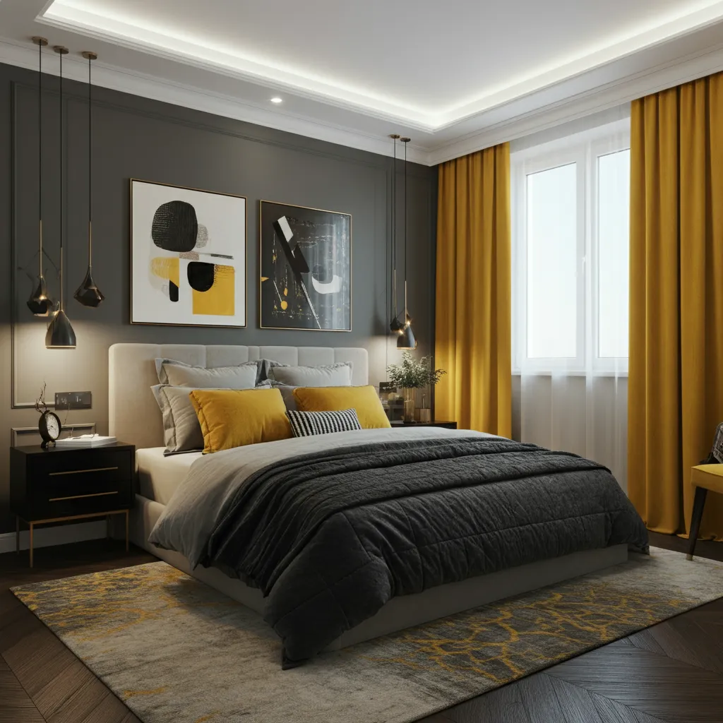 Ash Gray and Marigold Yellow Bedroom