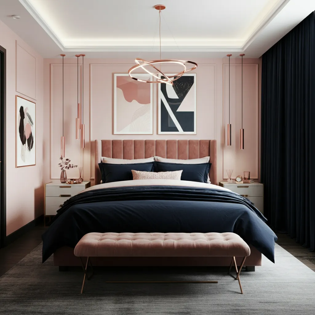Blush Pink and Deep Navy Bedroom