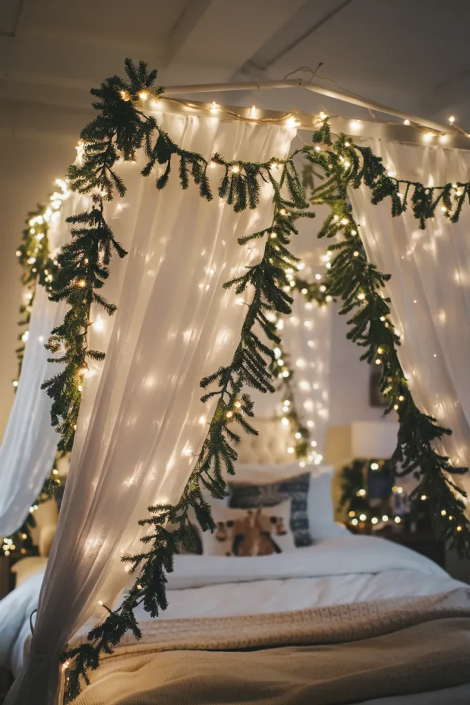 Holiday-Themed Bed Canopy with String Lights
