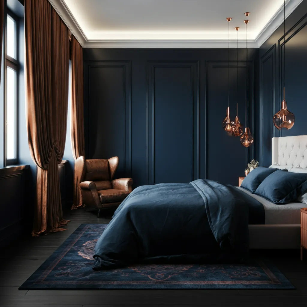 Midnight Blue and Warm Copper Bedroom