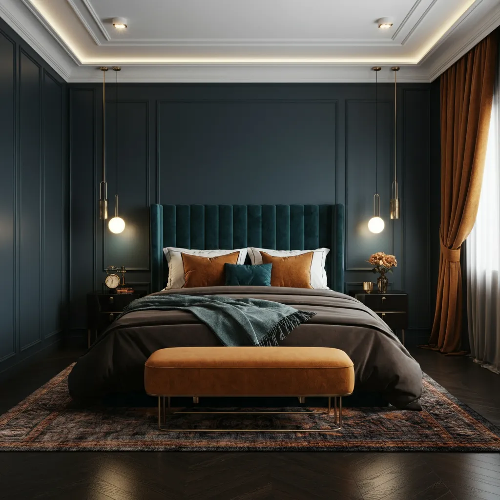 Peacock Blue and Warm Amber Bedroom