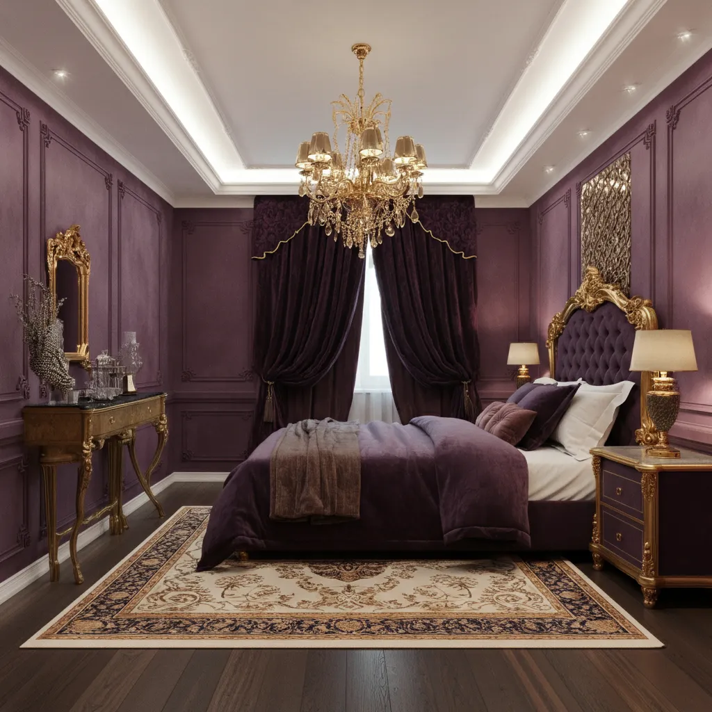 Plum Purple and Antique Gold Bedroom