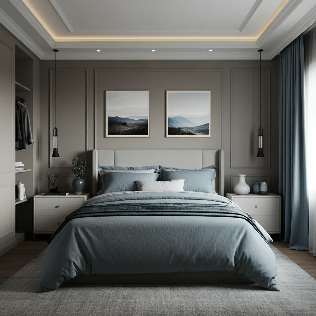 Smoky Taupe and Dusty Blue Bedroom