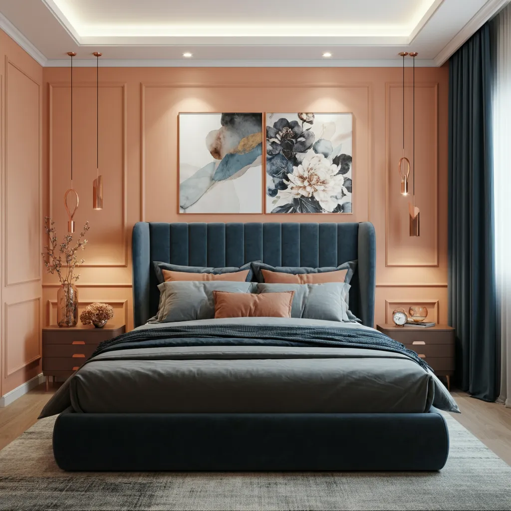Soft Peach and Slate Blue Bedroom