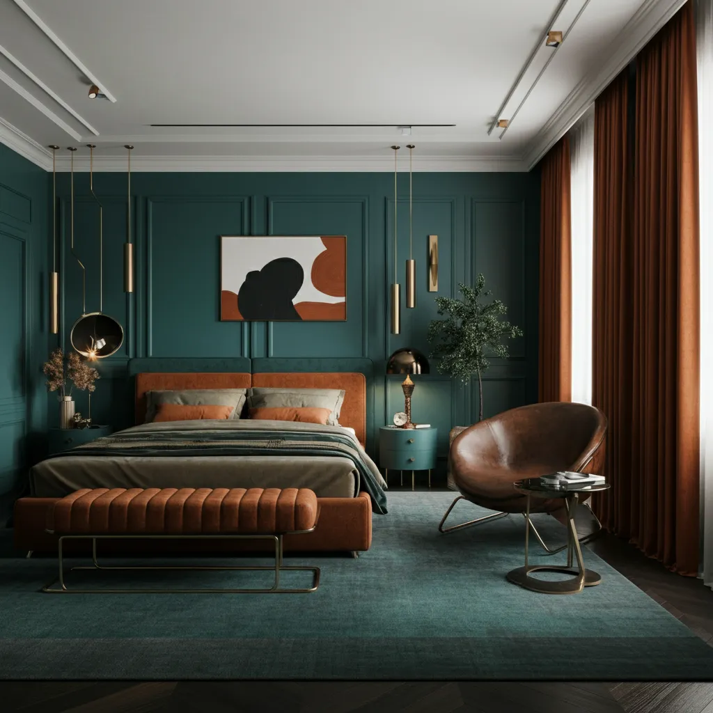 Teal and Burnt Sienna Bedroom