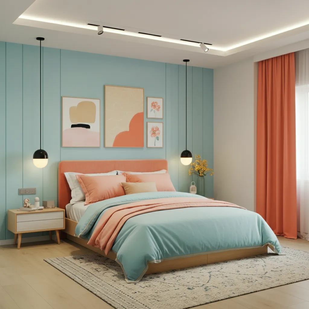 Vibrant Blue and Coral Bedroom