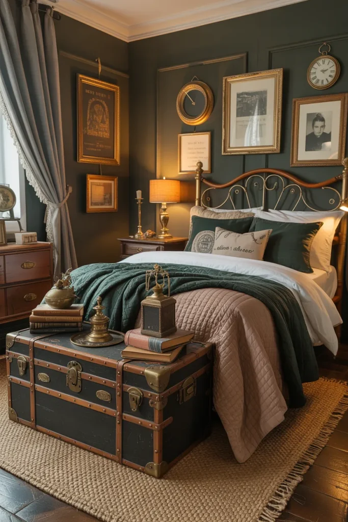 25 Bohemian Dark Cottagecore Bedroom Ideas for the Ultimate Moody Aesthetic 11 Antique Trunk Treasure Room