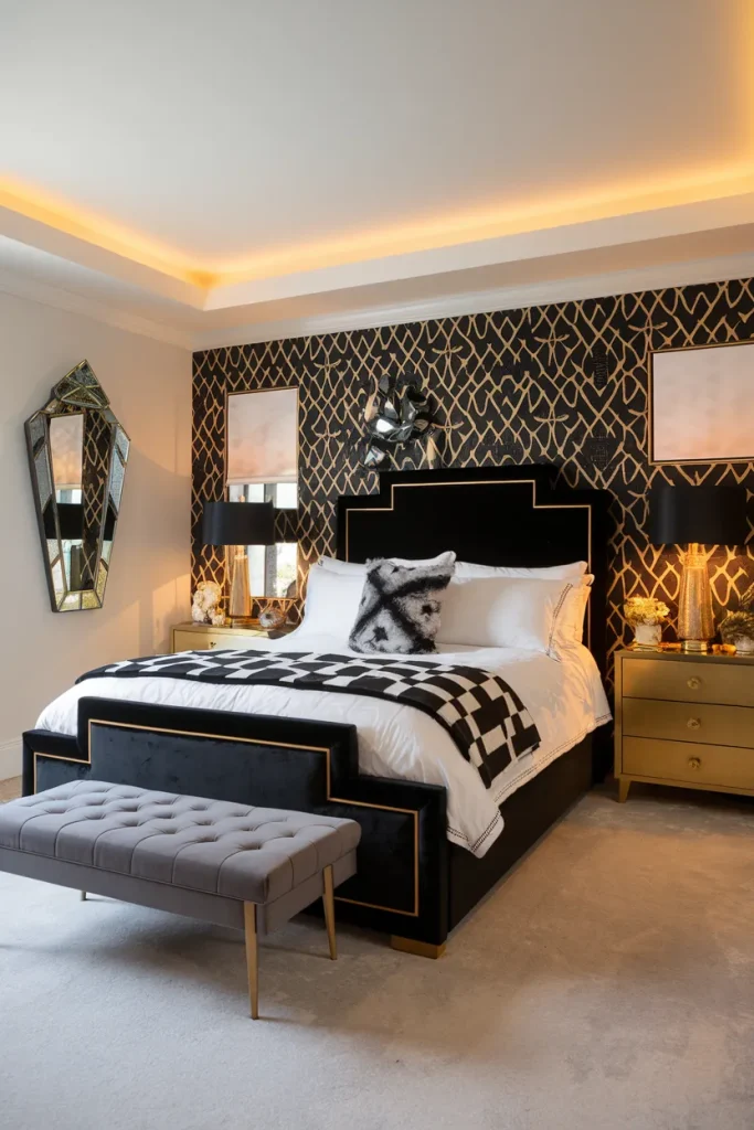 20 Black, White, and Grey Bedroom Ideas That Feel Cozy Yet Luxurious 8 Art Deco Glam in Black and White