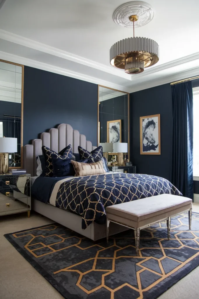 20 Navy Blue and Grey Modern Bedroom Decor Ideas That Feel Timeless & Cozy 18 Art Deco Navy and Grey Glam