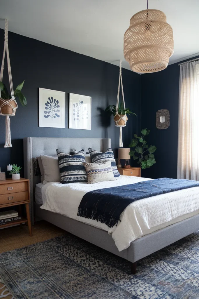 20 Navy Blue and Grey Modern Bedroom Decor Ideas That Feel Timeless & Cozy 17 Bohemian Navy and Grey Escape