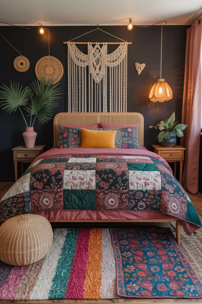 25 Bohemian Dark Cottagecore Bedroom Ideas for the Ultimate Moody Aesthetic 14 Bohemian Patchwork Paradise