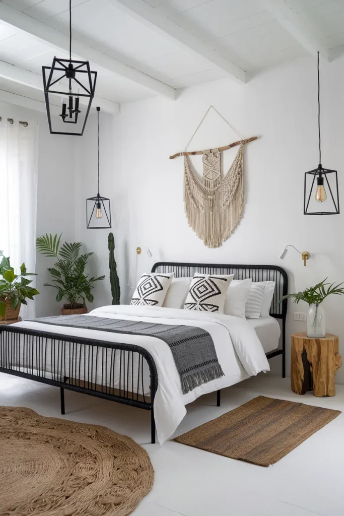 20 Black, White, and Grey Bedroom Ideas That Feel Cozy Yet Luxurious 11 Boho Chic with Black and White Patterns