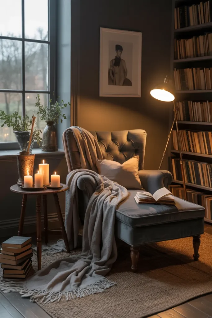 25 Bohemian Dark Cottagecore Bedroom Ideas for the Ultimate Moody Aesthetic 4 Candlelit Reading Nook