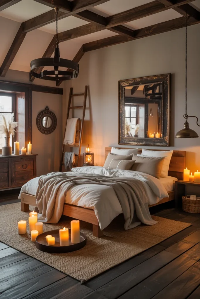25 Bohemian Dark Cottagecore Bedroom Ideas for the Ultimate Moody Aesthetic 21 Candlelit Rustic Loft