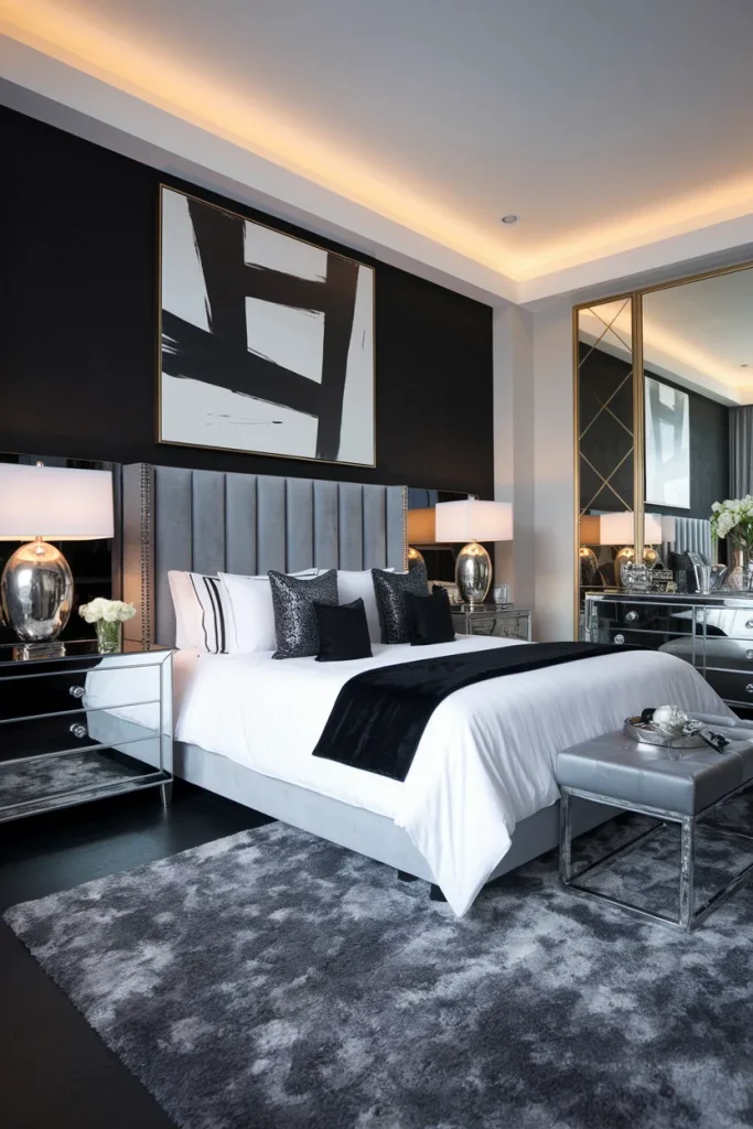 20 Black, White, and Grey Bedroom Ideas That Feel Cozy Yet Luxurious 21 Contemporary Luxe with Black and Grey