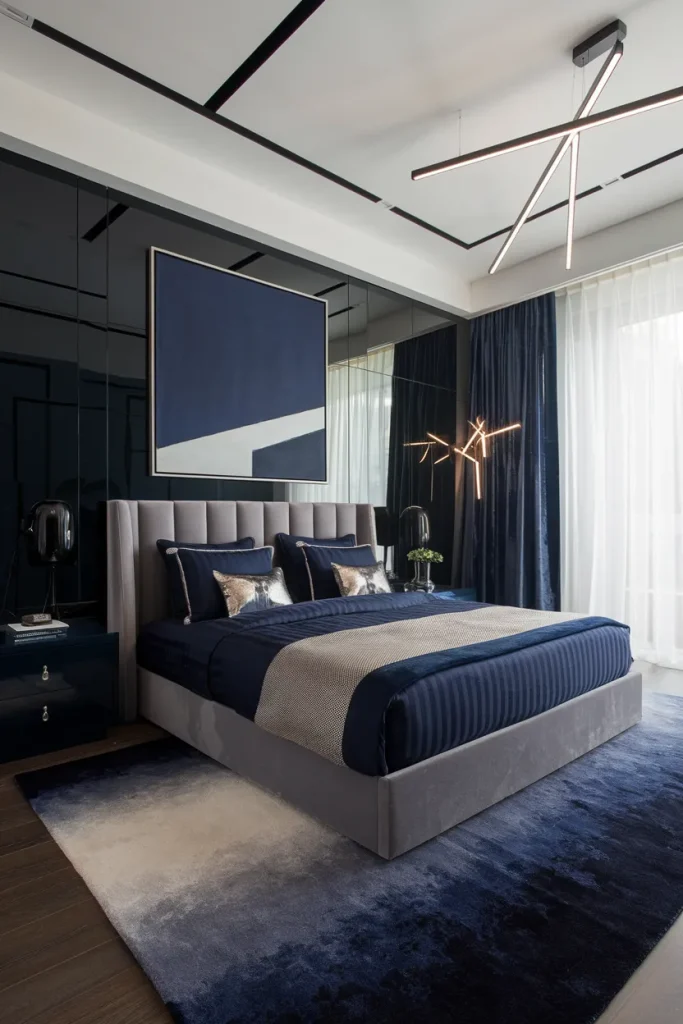 20 Navy Blue and Grey Modern Bedroom Decor Ideas That Feel Timeless & Cozy 5 Contemporary Navy and Grey Statement