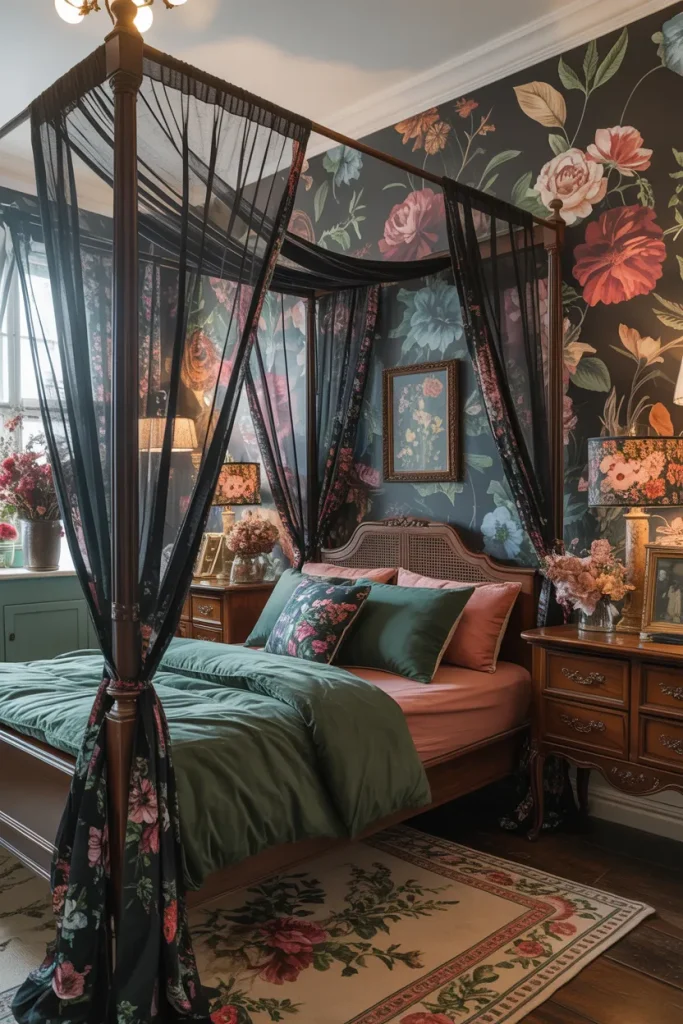 25 Bohemian Dark Cottagecore Bedroom Ideas for the Ultimate Moody Aesthetic 20 Dark Floral Canopy Retreat