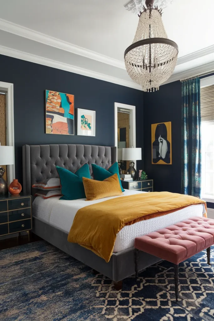 20 Navy Blue and Grey Modern Bedroom Decor Ideas That Feel Timeless & Cozy 22 Eclectic Navy and Grey Fusion