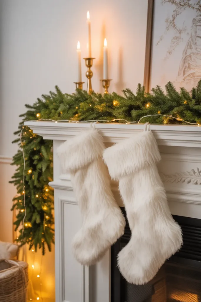 15 Luxury Christmas Decor Ideas That Look Expensive & Elegant 3 Faux Fur Stockings on a Mantel