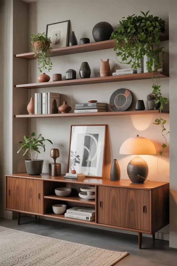 Floating Shelves with Retro Decor