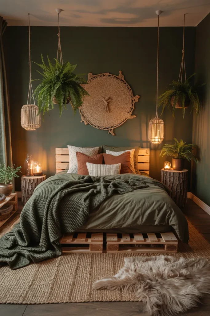 25 Bohemian Dark Cottagecore Bedroom Ideas for the Ultimate Moody Aesthetic 22 Forest Floor Retreat