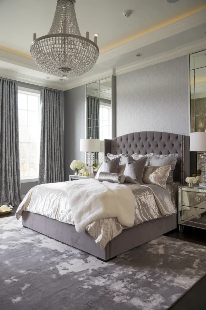 20 Black, White, and Grey Bedroom Ideas That Feel Cozy Yet Luxurious 5 Glamorous Grey with Metallic Accents
