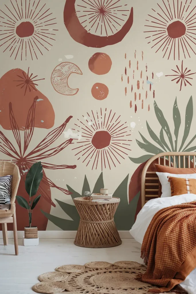 Hand-Painted Mural with Boho Motifs