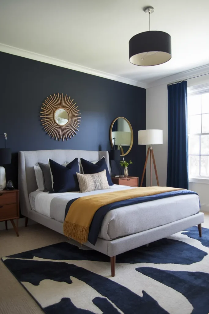 20 Navy Blue and Grey Modern Bedroom Decor Ideas That Feel Timeless & Cozy 20 Mid-Century Modern Navy and Grey Retreat
