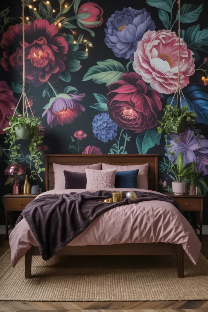 25 Bohemian Dark Cottagecore Bedroom Ideas for the Ultimate Moody Aesthetic 16 Midnight Garden Oasis