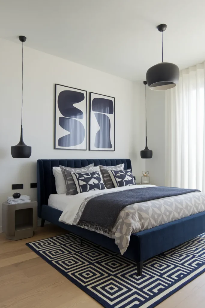 20 Navy Blue and Grey Modern Bedroom Decor Ideas That Feel Timeless & Cozy 12 Minimalist Navy and Grey Haven with Geometric Patterns