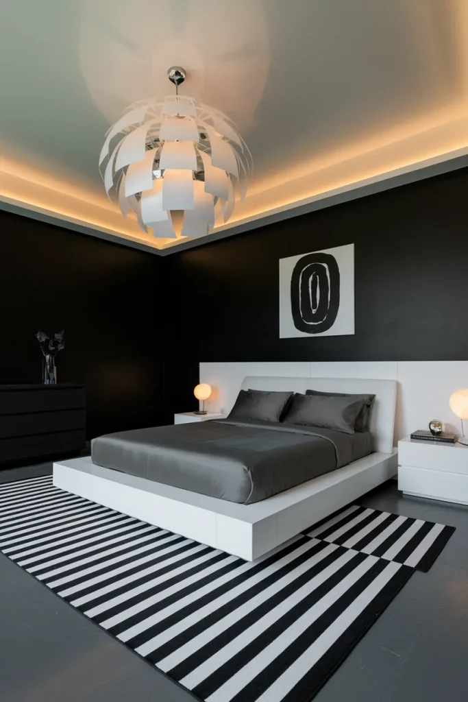 20 Black, White, and Grey Bedroom Ideas That Feel Cozy Yet Luxurious 12 Modern Monochrome with Statement Lighting